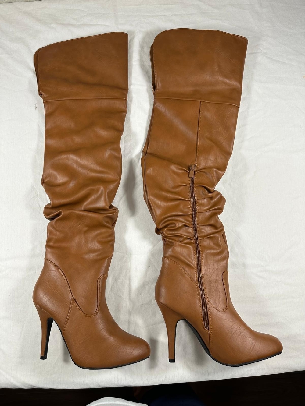 Tan Over-the-Knee Slouchy High-Heel Boots